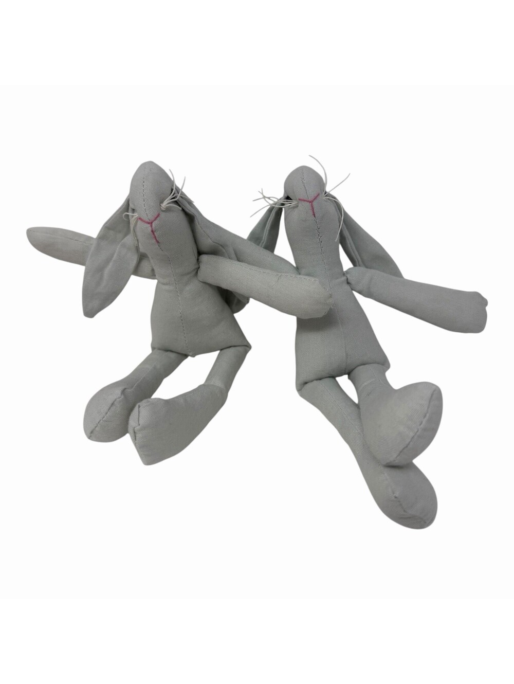 Handmade Grey Canvas Rabbit Plush Pair Primitive Long Limb Bunny Folk Art Toy
